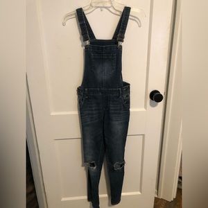 Girls Distressed Jean Overalls in dark blue denim. Size 12.